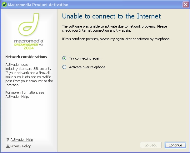 Activation failed message Activation failed message